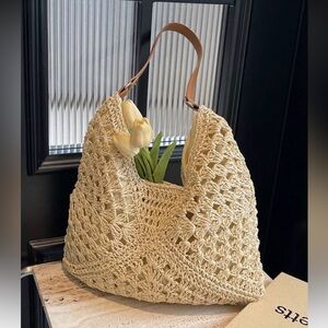 Elegant Beige Crochet Hobo Bag